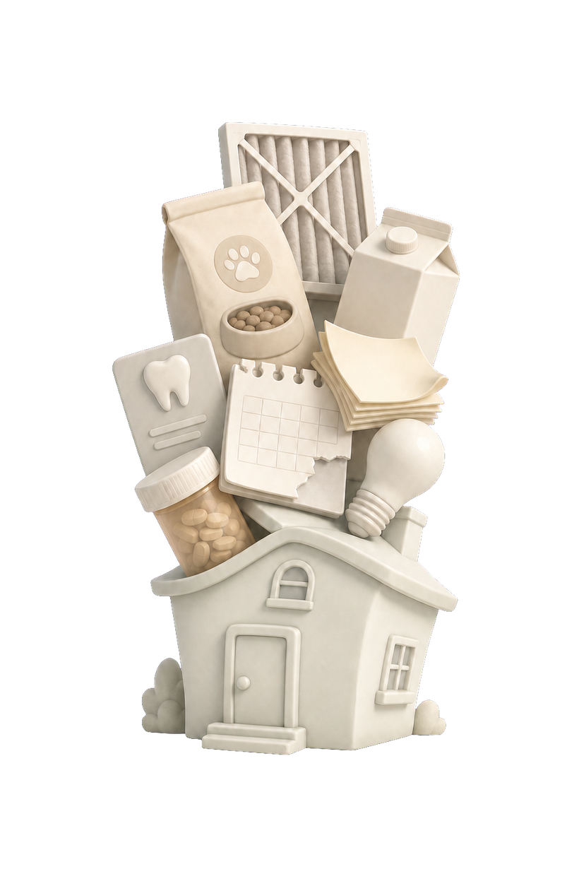 Une petite maison en argile ensevelie sous une pile vacillante de tâches du quotidien — le filtre à air, les croquettes, la carte du dentiste, le calendrier, les factures