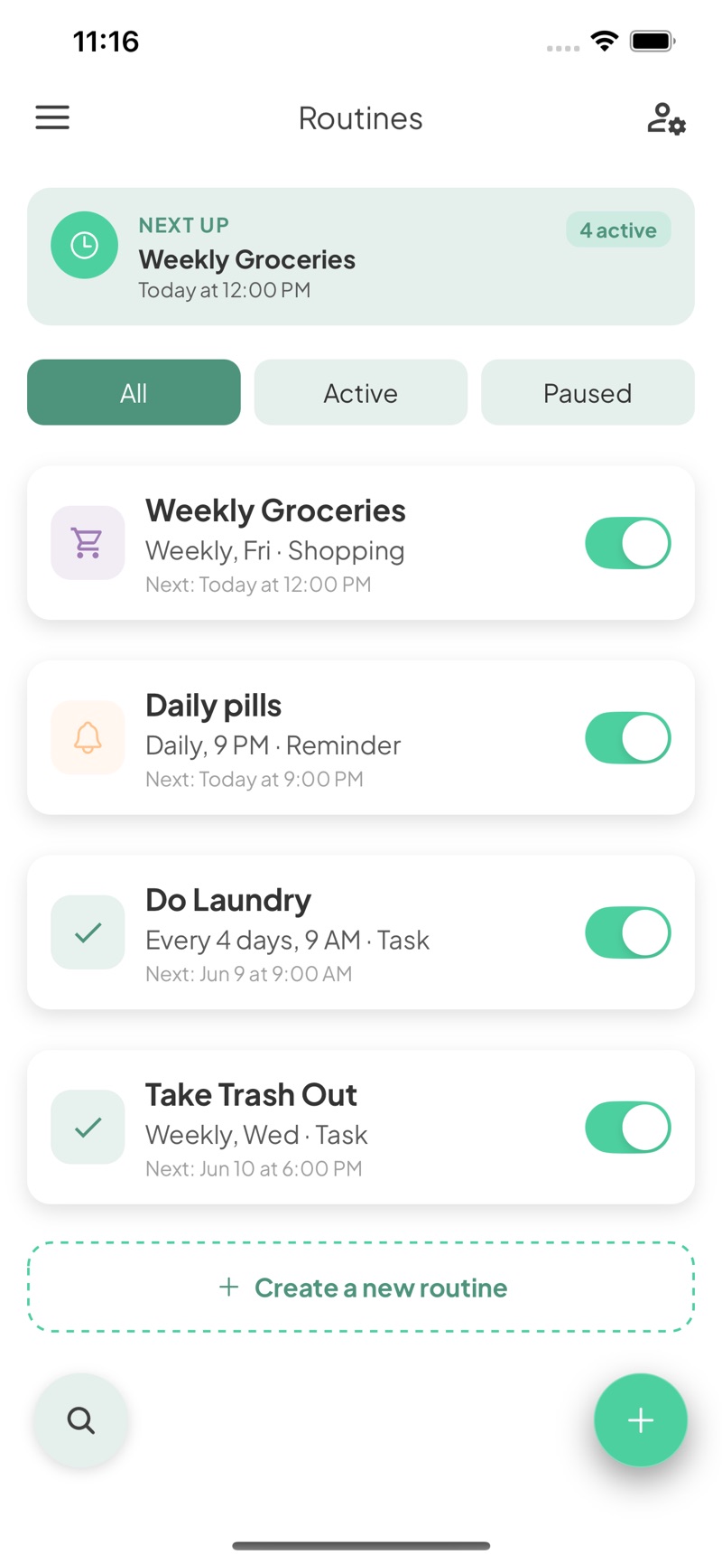 Vos routines — courses, médicaments, lessive, poubelles — au bon moment